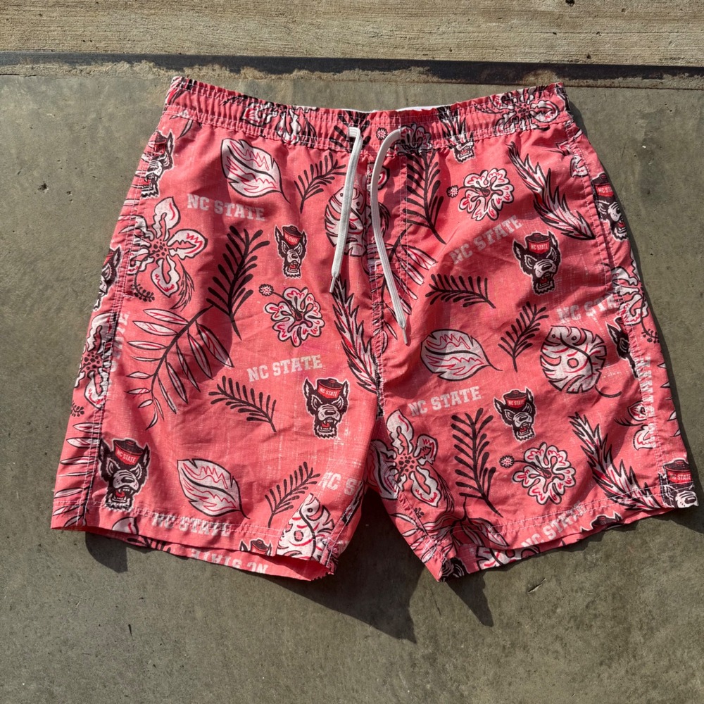 Wes and Willy NC State Wolfpack Swim‎ Trunks Mens XL Red Floral Mascot Shorts